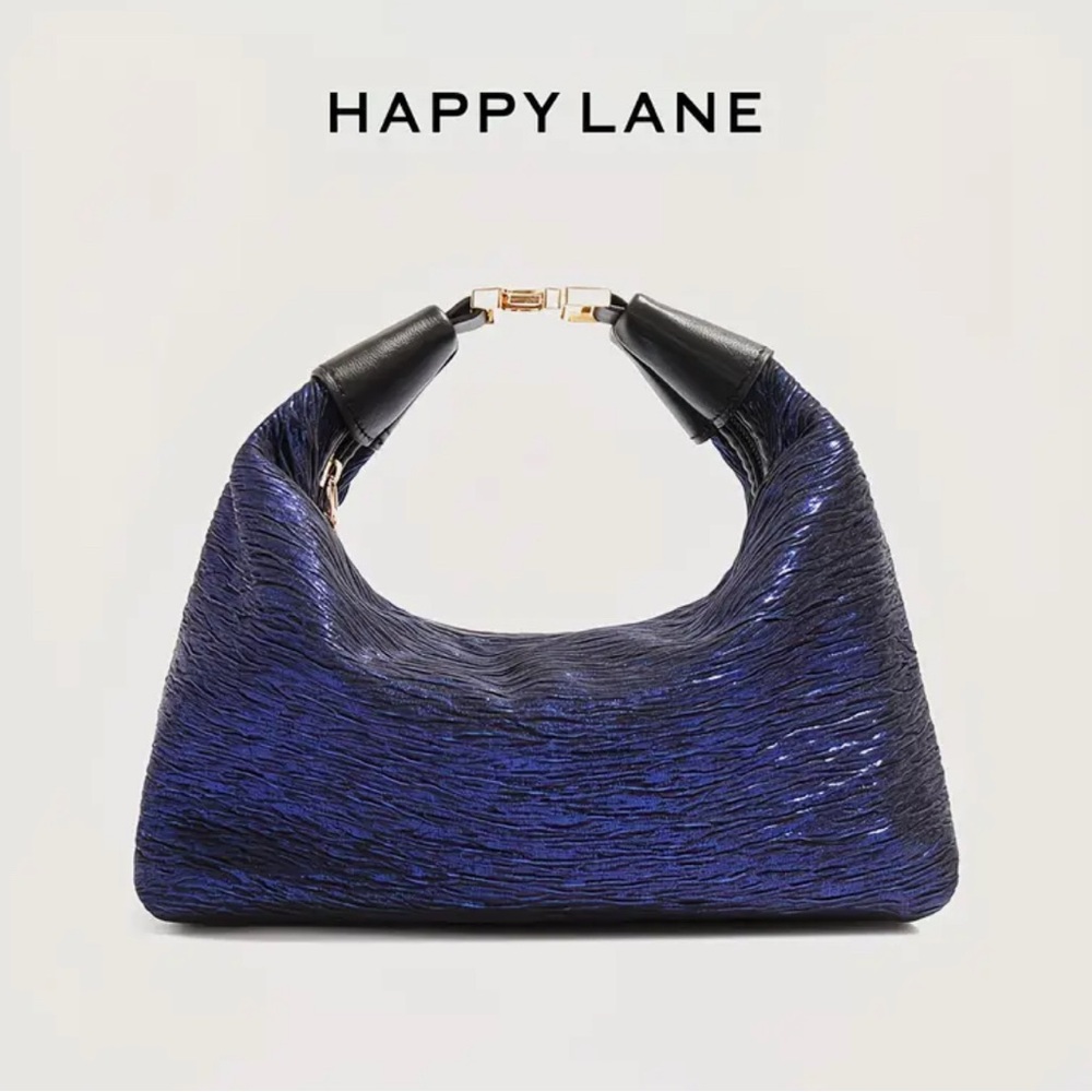Happy Lane Blue Metallic Crinkle Hobo Shoulder Bag w/ Gold Hardware NIP